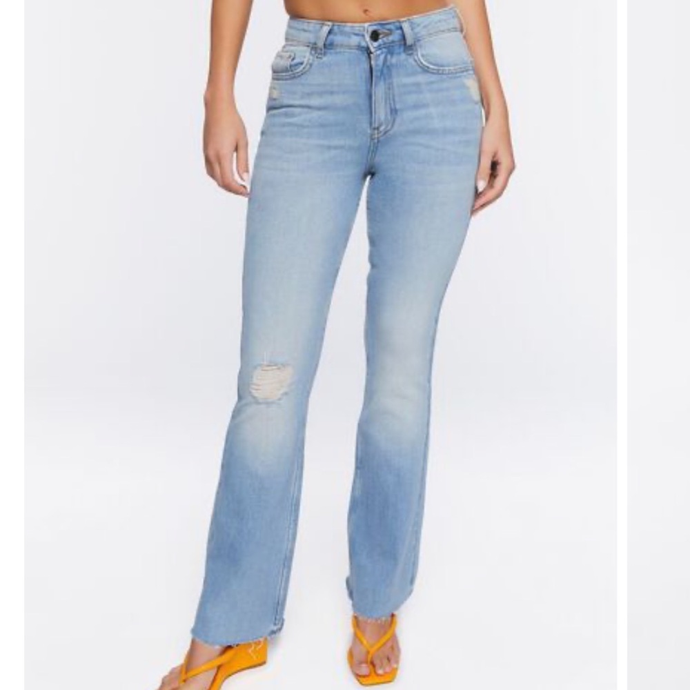 Forever 21 Premium Light Wash Denim High Rise Bootcute Distressed Flare Jeans